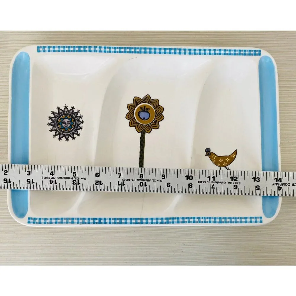 Vintage MCM Divided Tray Platter Blue Ivory Tree Sun Chicken *see flaws In Photo